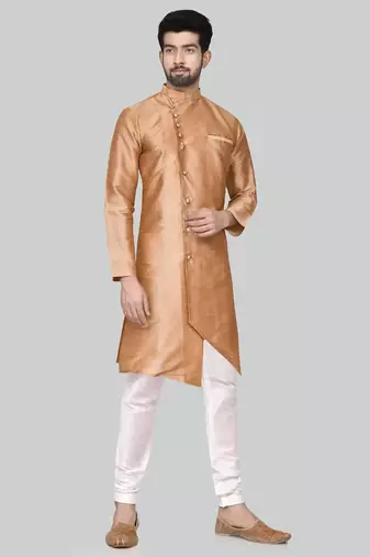 Gold art silk mens  kurta with churidar set