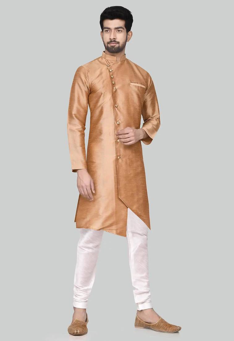 Gold art silk mens  kurta with churidar set