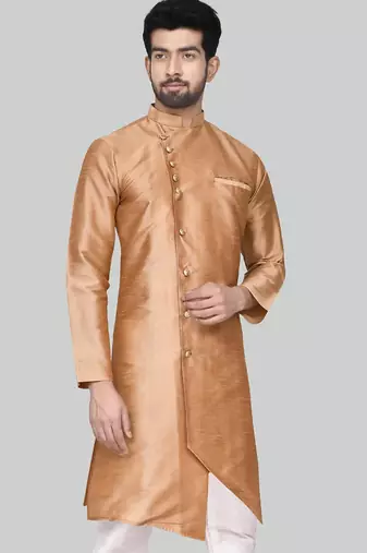 Gold art silk mens  kurta with churidar set