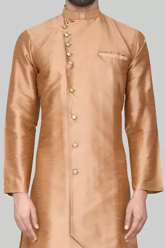 Gold art silk mens  kurta with churidar set