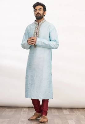 Sky blue art silk mens  kurta with churidar set 1