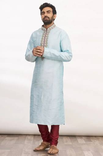 Sky blue art silk mens  kurta with churidar set