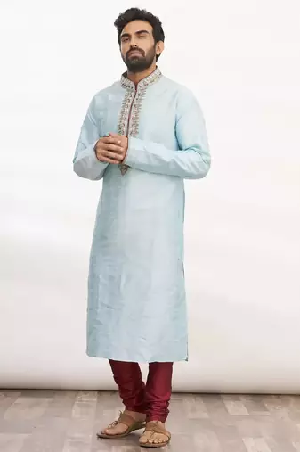 Sky blue art silk mens  kurta with churidar set