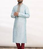 Sky blue art silk mens  kurta with churidar set