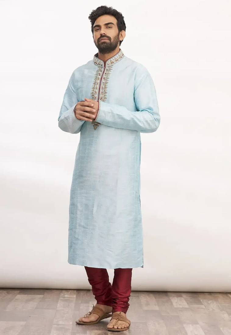 Sky blue art silk mens  kurta with churidar set
