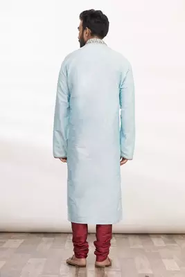 Sky blue art silk mens  kurta with churidar set 2