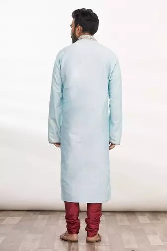 Sky blue art silk mens  kurta with churidar set