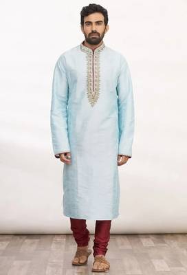 Sky blue art silk mens  kurta with churidar set 3