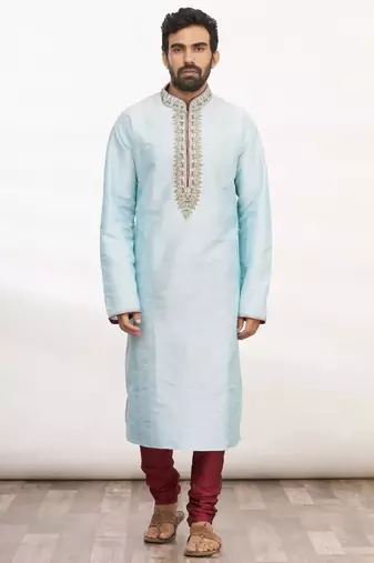 Sky blue art silk mens  kurta with churidar set