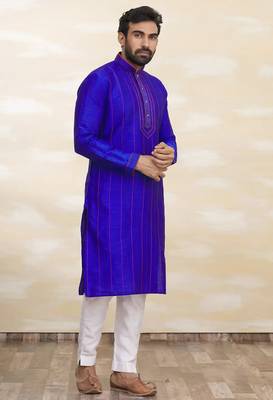 Royal blue art silk mens  kurta with churidar set 1