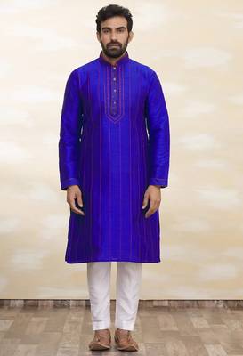 Royal blue art silk mens  kurta with churidar set 3