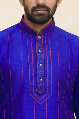 Royal blue art silk mens  kurta with churidar set 4