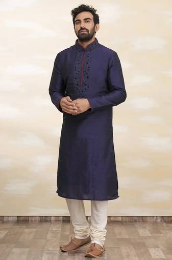 Navy blue tufetta mens  kurta with churidar set
