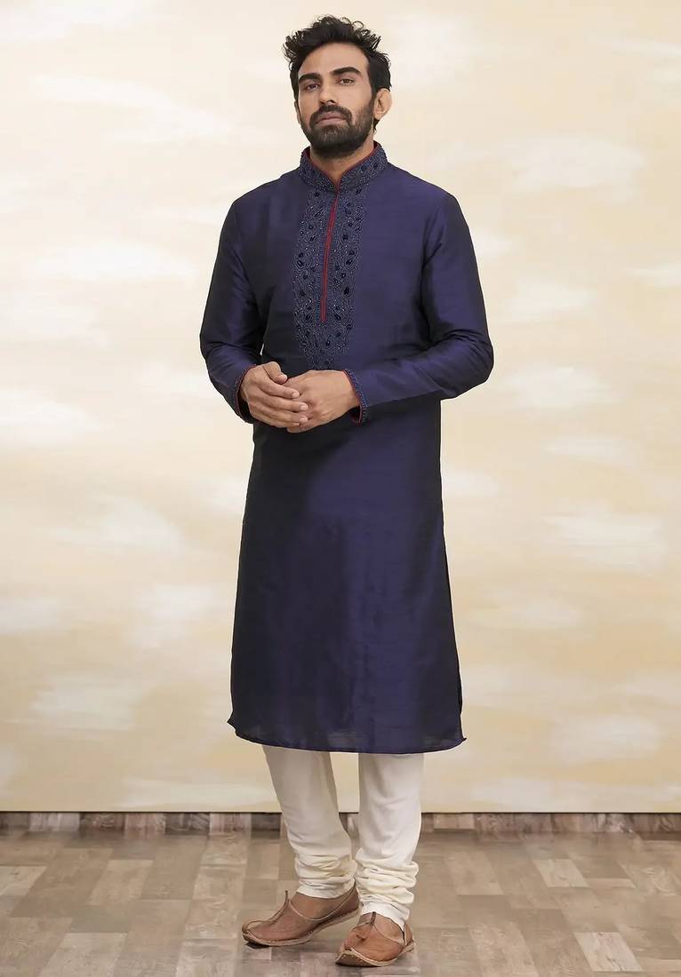 Navy blue tufetta mens  kurta with churidar set