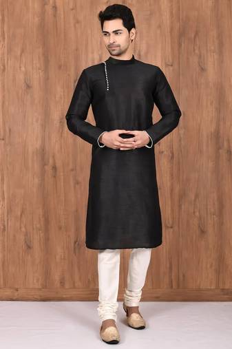 Black art silk mens  kurta with churidar set