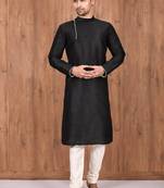 Black art silk mens  kurta with churidar set