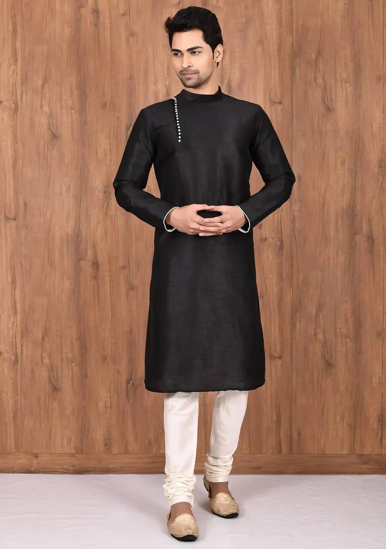 Black art silk mens  kurta with churidar set