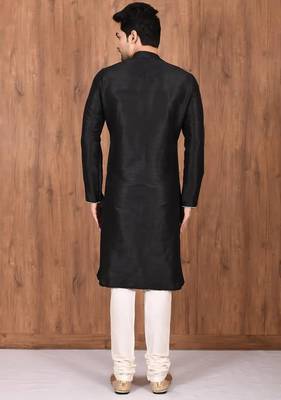 Black art silk mens  kurta with churidar set 2
