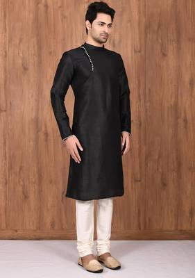 Black art silk mens  kurta with churidar set 3