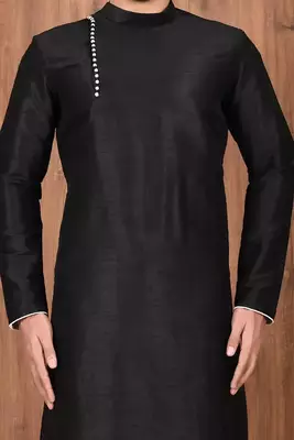 Black art silk mens  kurta with churidar set 4