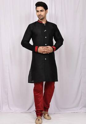 Black art silk mens  kurta with churidar set 1