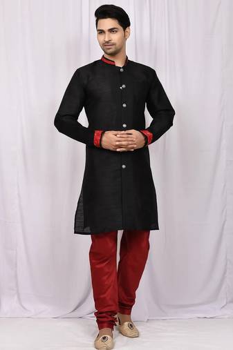 Black art silk mens  kurta with churidar set