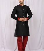 Black art silk mens  kurta with churidar set