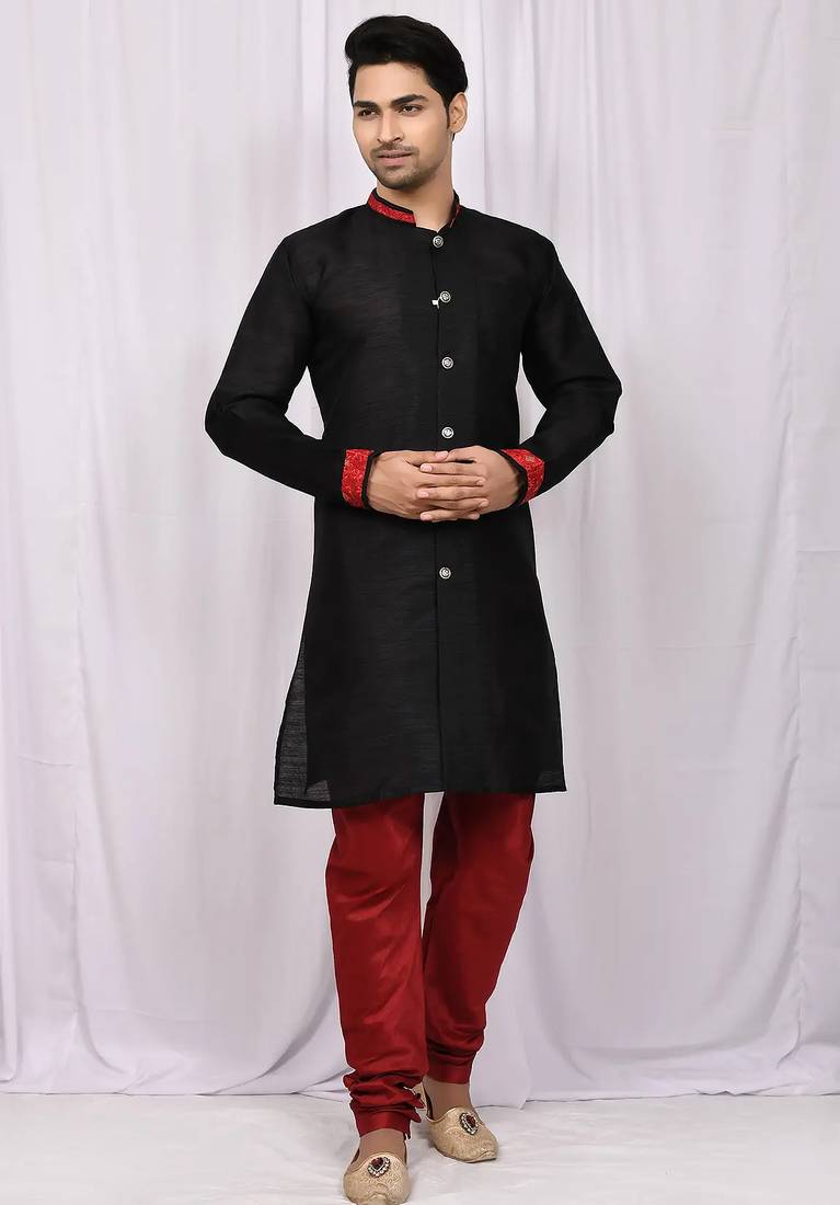 Black art silk mens  kurta with churidar set