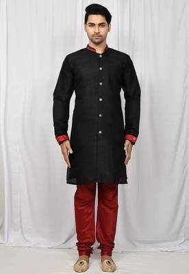Black art silk mens  kurta with churidar set 3