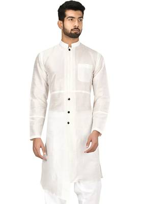 White art silk mens  kurta with churidar set 1