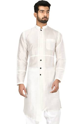 White art silk mens  kurta with churidar set
