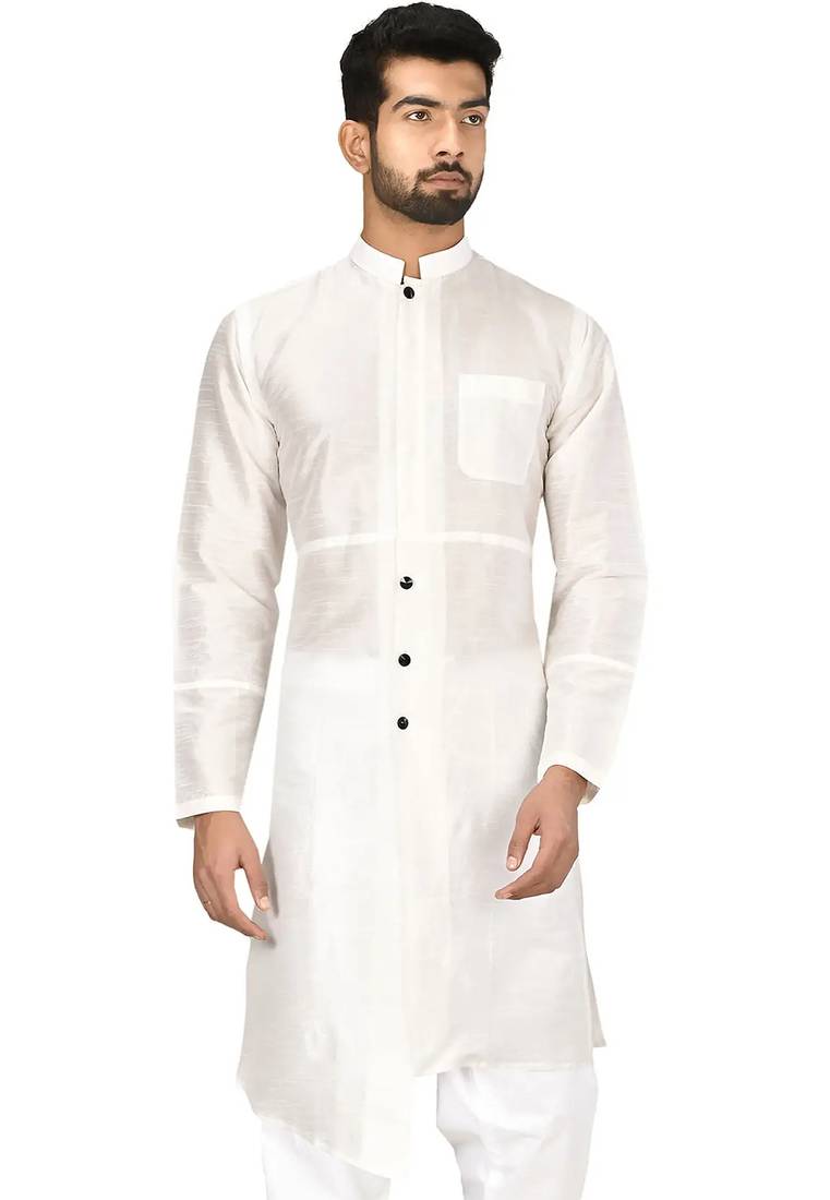 White art silk mens  kurta with churidar set