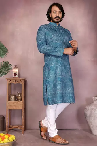 Blue sequence work and print kurta and payjama