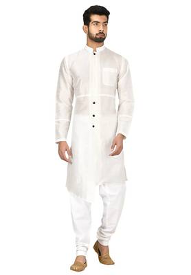 White art silk mens  kurta with churidar set 3