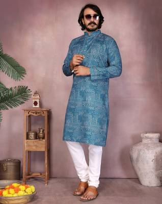 Blue sequence work and print kurta and payjama 3