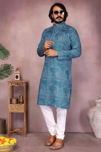 Blue sequence work and print kurta and payjama