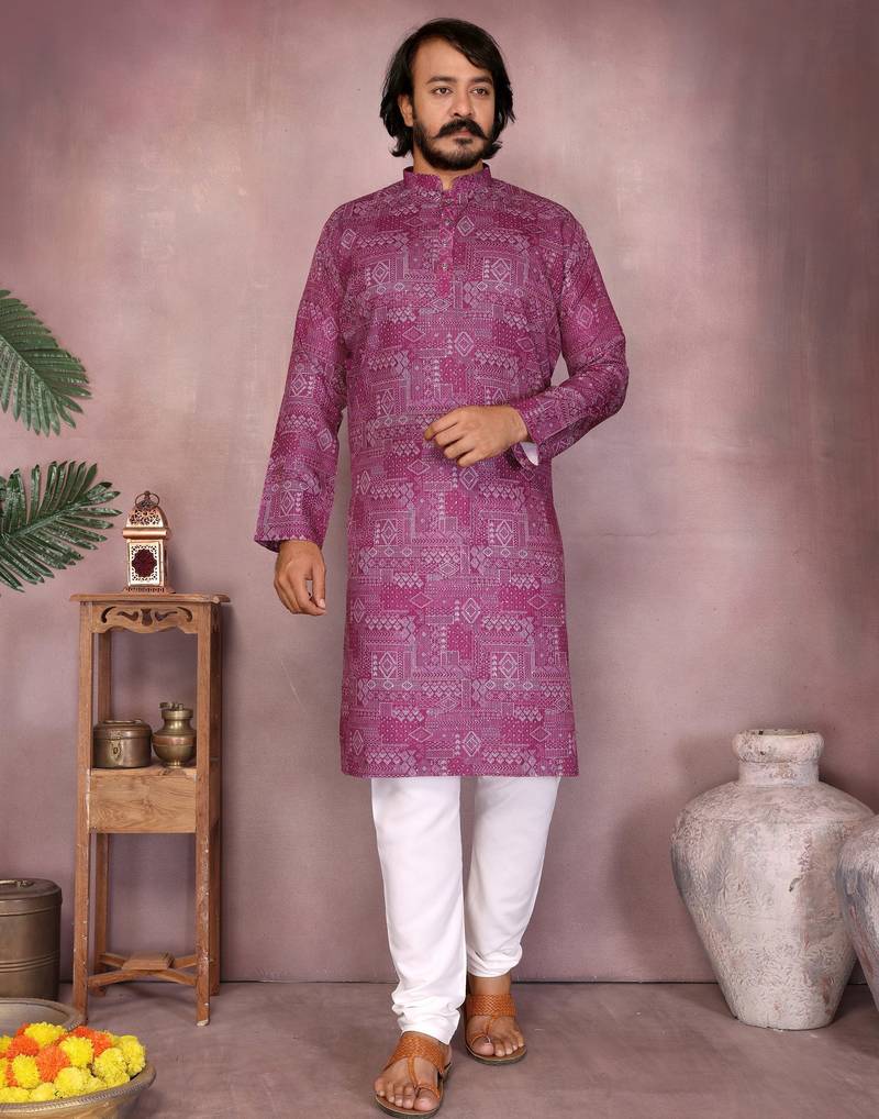 Pink sequence work and print kurta and payjama