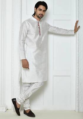 White art silk mens  kurta with churidar set 1