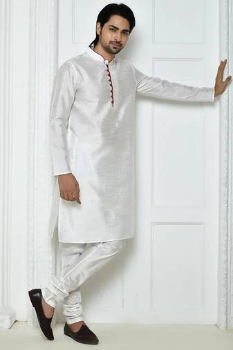 White art silk mens  kurta with churidar set