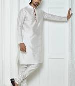 White art silk mens  kurta with churidar set