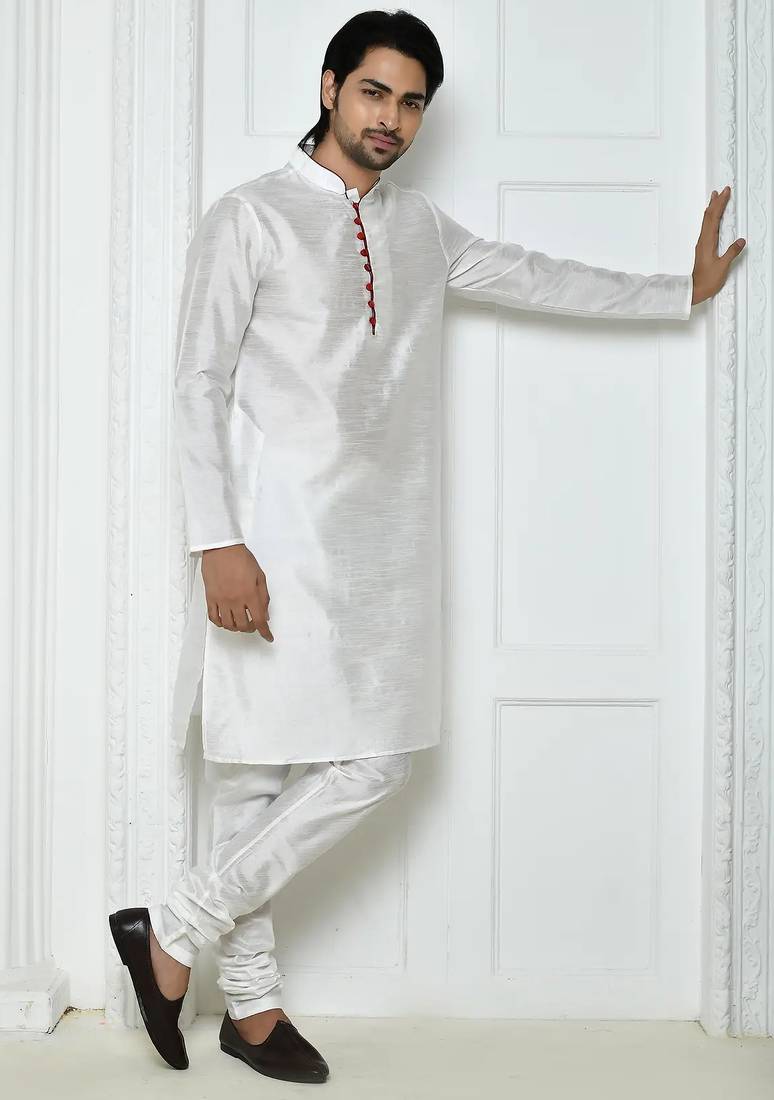 White art silk mens  kurta with churidar set
