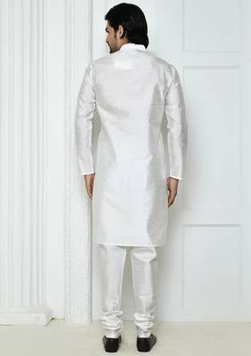 White art silk mens  kurta with churidar set 2