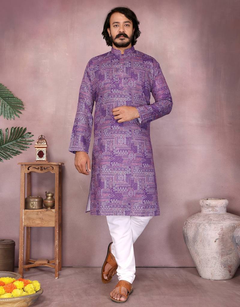 Purple sequence work and print kurta and payjama