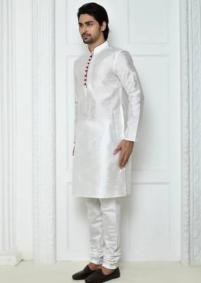 White art silk mens  kurta with churidar set 3