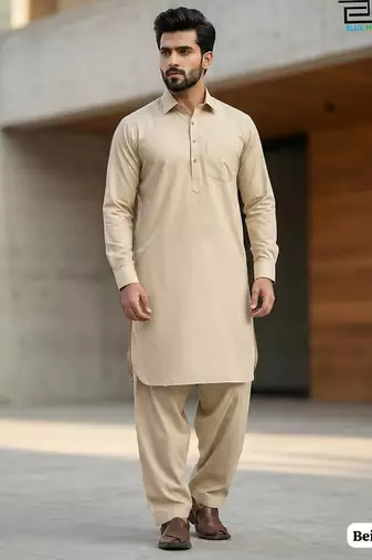 Cream cotton plain party wear kurta and payjama