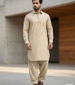 Cream cotton plain party wear kurta and payjama