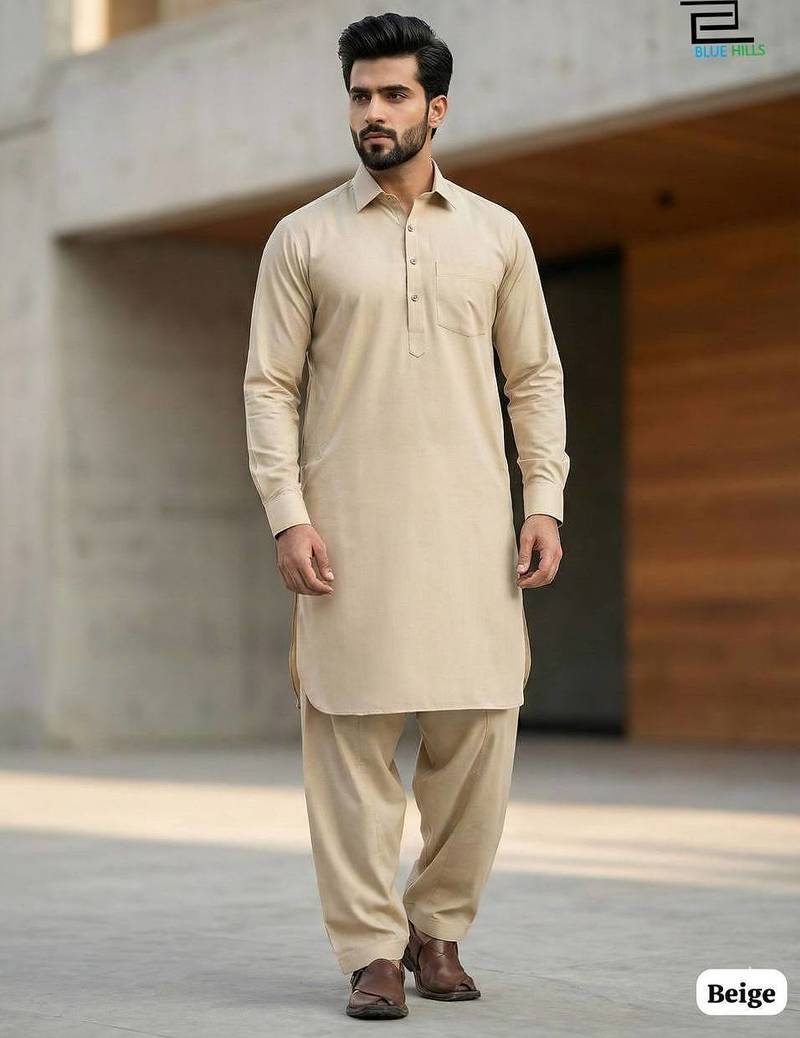 Cream cotton plain party wear kurta and payjama