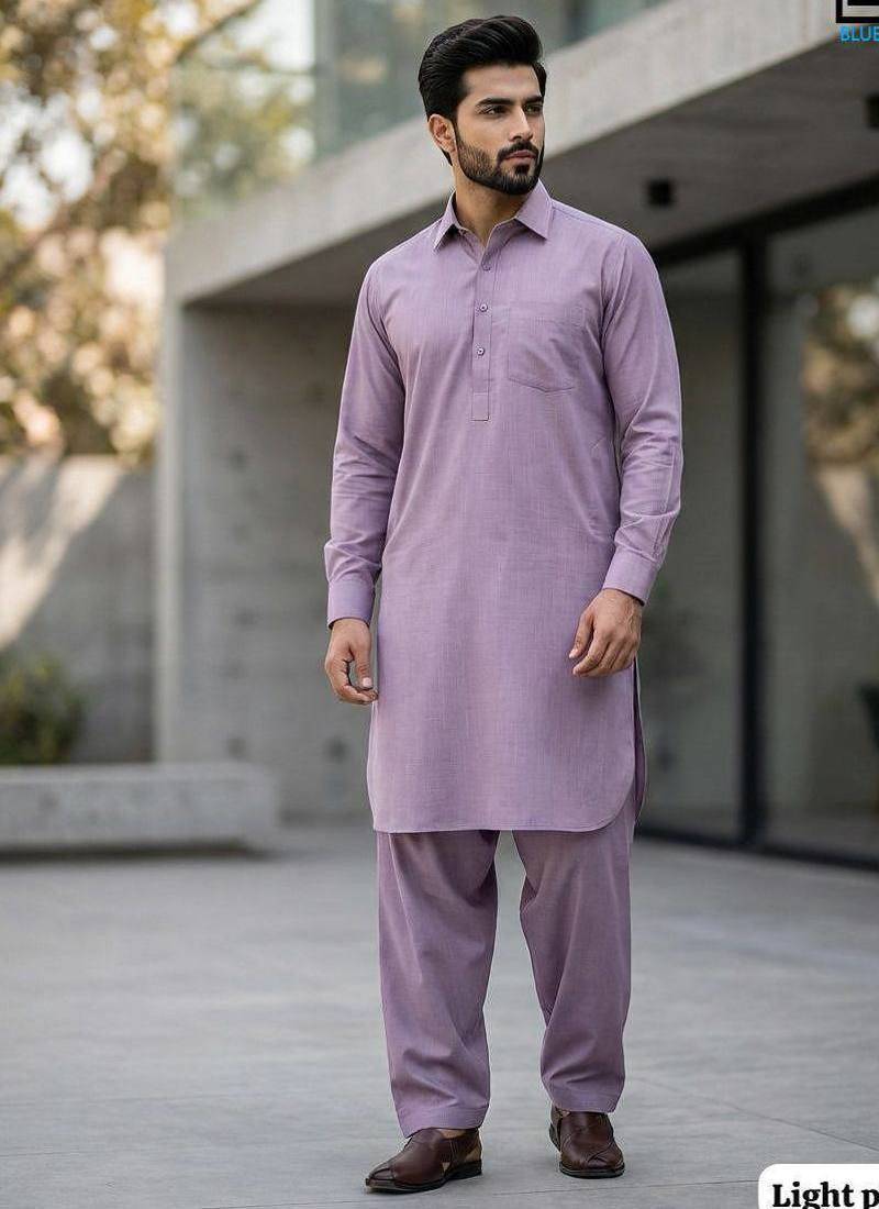 Lavender cotton plain party wear kurta and payjama