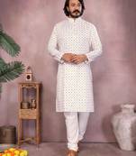 White sequence work and print kurta and payjama