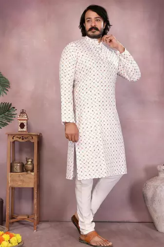 White sequence work and print kurta and payjama
